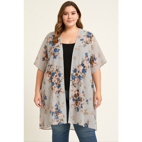 Hibluco Floral Flowy Sheer Kimono Cardigan Lightweight Open Front Cover-Up 2XL - Picture 1 of 9